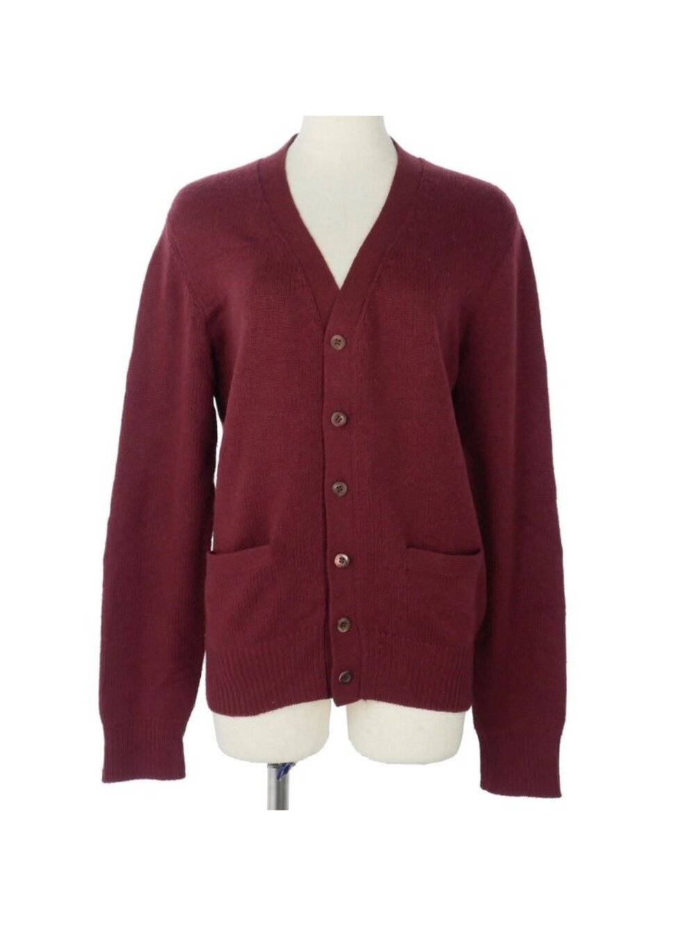 Prada Knit Cardigan Elbow Patch Neck Long Sleeve 46 Red